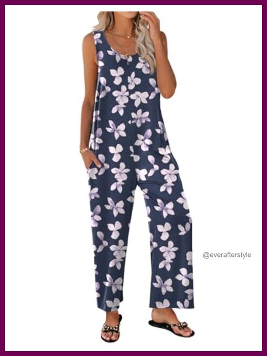 Pants - Sleeveless Scoop Neck Wide Leg Jumpsuit with Pockets Summer Casual Romper
